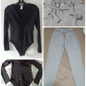 H&M Black Bodysuit With Streetwear Society Light Grey Pants, Medium Set.